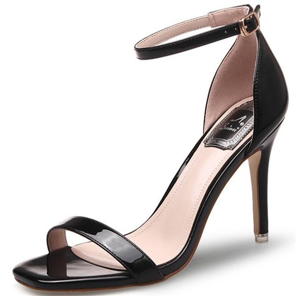 

summer women sandals thin heels buckle strap fine heel solid color sewing thread metal open-toed woman shoes, Black