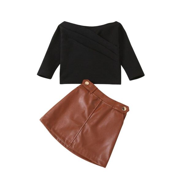 

clothing sets toddler kid girls 2pcs outfits, off shoulder long sleeve knit + brown leather skirt clothes set, White