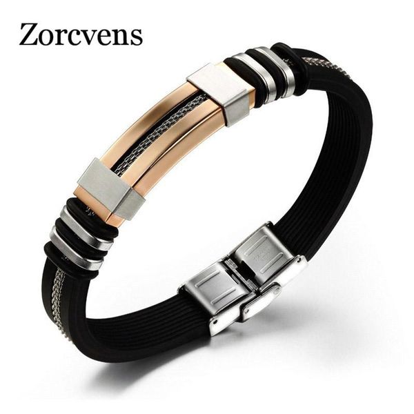 

silicone rubber charm bracelet men hollow out strip grain 316l stainless steel bracelets bangles jewelry link, chain, Black