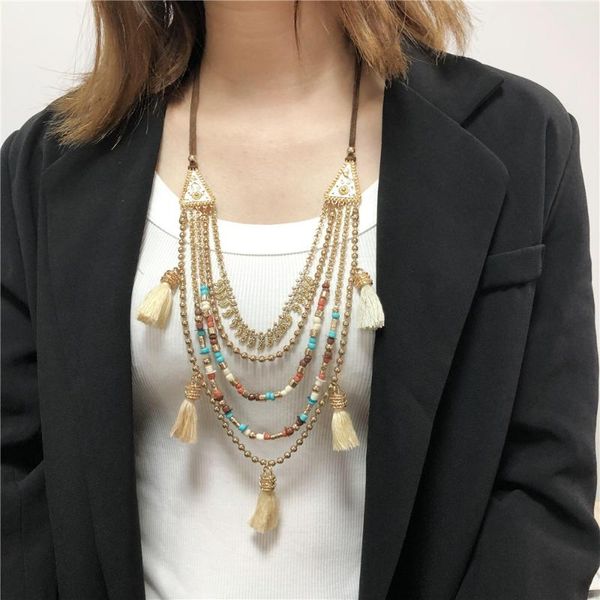 

chokers boho ethnic long colorful beaded tassel pendant necklaces for women multilayer chain sweater women's necklace bib jewelry gifts, Golden;silver