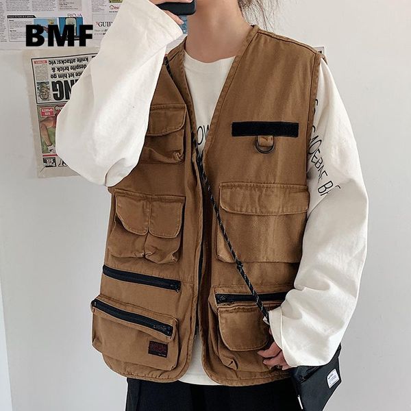 

men's vests japanese streetwear tooling vest harajuku multi pocket casual sleeveless jacket kpop couple clothes korean, Black;white