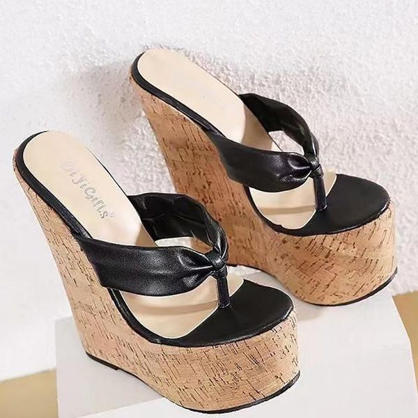 

women flip-flops super wedge heels summer bowknot ladies plus size 35-43 outside high heel unique slippers, Black