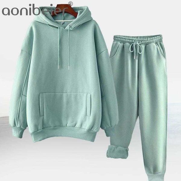 

autumn winter fleece hoodies and jogger casual sportswear set drop shoulder hooded sweatshirt tracksuit 210604, White