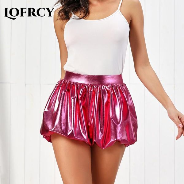 

lofrcy women's metallic shiny shorts sparkly rave short pants stretchy loose fit lantern club party costume wear, White;black