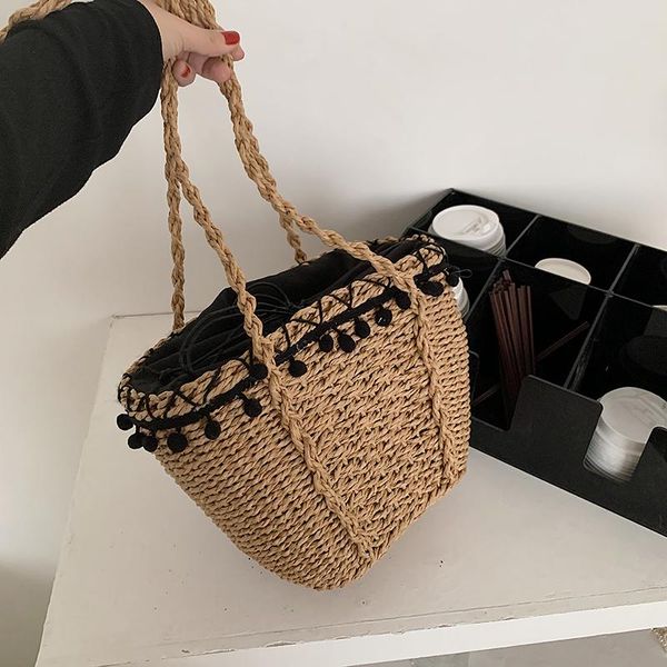 

straw bucket bag women 2021 hand-woven handbags designer rattan casual beach shoulder large capacity ladies crossbody bags