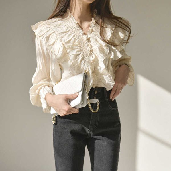 

vintage v-neck ruffle blouse women women's spring autumn long sleeve solid chiffon shirts female 210607, White