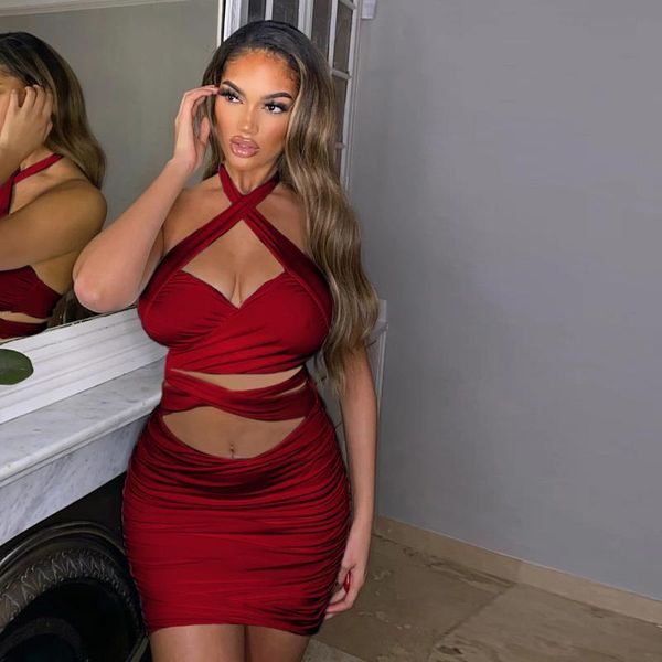 

casual dresses summer 2021 backless bandage ruched dress for women cross halter hollow mini cyber y2k party clubwear, Black;gray