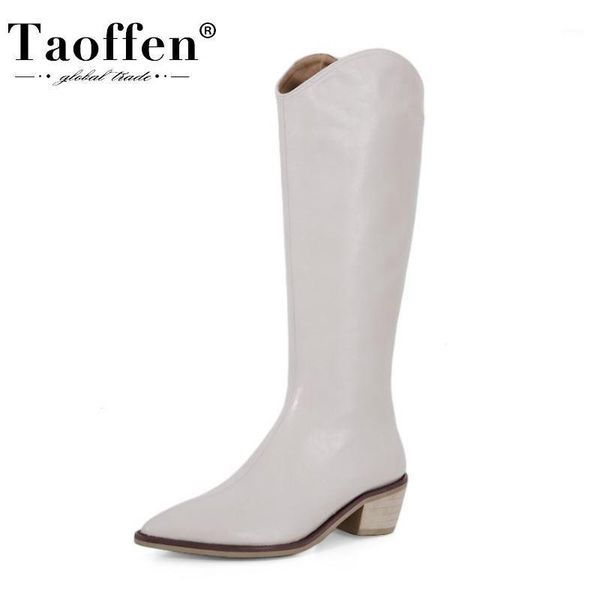 

boots taoffen women knee high genuine leather square heel winter shoes woman fashion long footwear size 34-391, Black