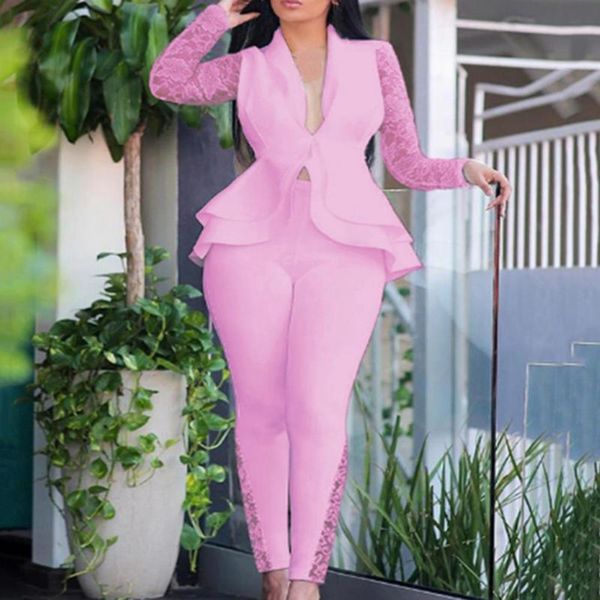 

women's two piece pants suit women outfit office blazer 2 sets lace slim deep v neck ruffle lady for autumn club party, White