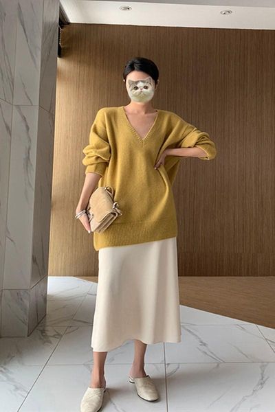 

women's sweaters cashmere sweater v-neck loose lazy soft waxy thickened twist, White;black