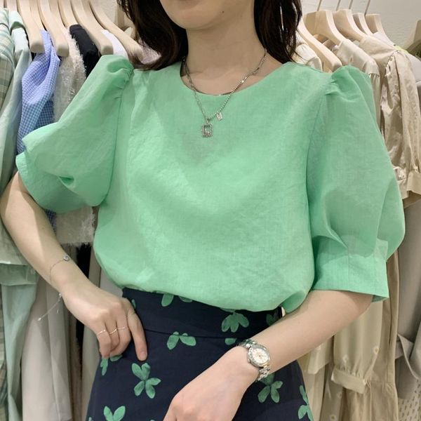 

women's blouses & shirts [ewq] korea chic casual trend women solid color o neck loose fashion green puff sleeve shirt summer 2021 16e14, White