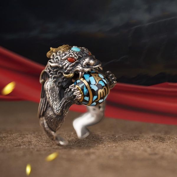 

cluster rings personality handmade ring female brave ball dzi six-character mantra transfer jewelry accessories, Golden;silver