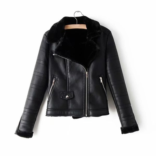 

moto style women fur collar short coats winter ladies black pu leather jackets female fashion girls vintage jacket 210427