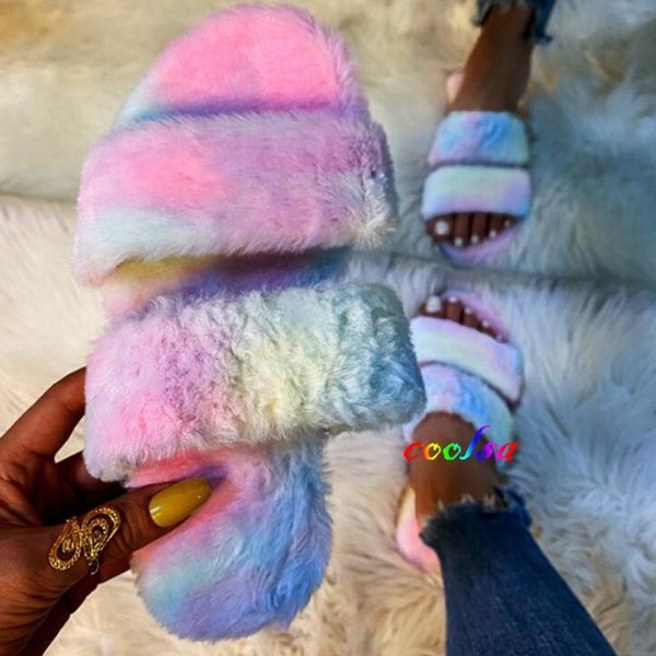 

coolsa furry house shoes fluffy slippers women faux fur slides flat soft fuzzy home plush flip flops winter warm, Black