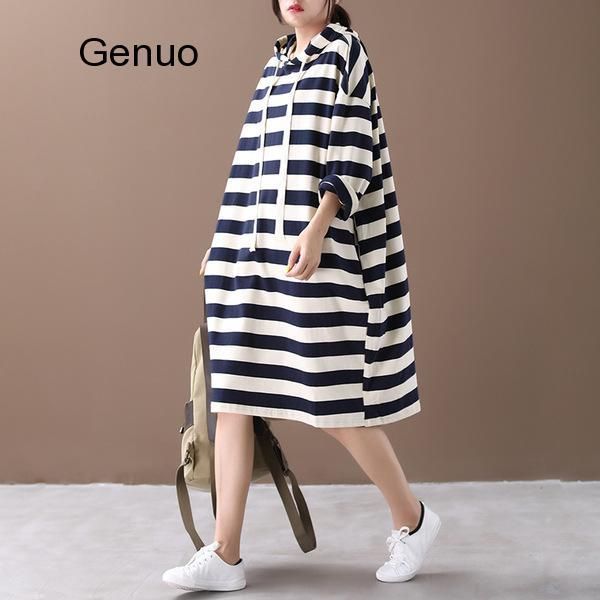 

casual dresses plus size women hoodies pullovers autumn winter long sleeve big loose cotton black striped female shirt hooded, Black;gray