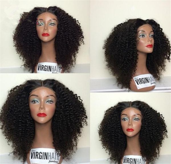 

short afro virgin peruvian front kinky curly glueless human full lace wig with bangs baby hair, Black;brown