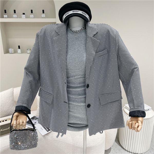 

dress spring summer 2021 woman's retro-chess niche design medium blazer length double breasted fitting suit, Black;gray