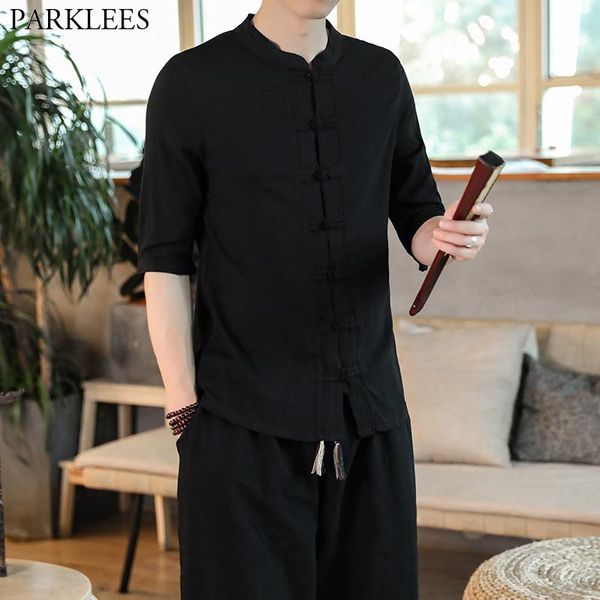 

men's casual shirts chinese traditional style cotton linen shirt mandarin collar slim fit half sleeve men frog-button tang male, White;black