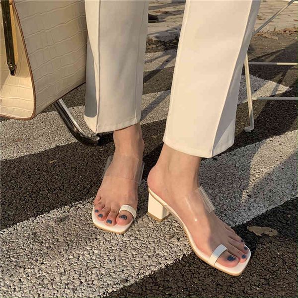 

slippers summer women sandals clip toe thick mid heels black/white transparent high slides party dress shoes woman 8f78