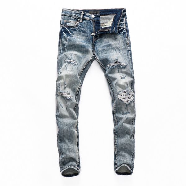 

men denim designer jeans embroidery pants fashion holes trouser size 28-40 hip hop distressed zipper trousers for male, Blue