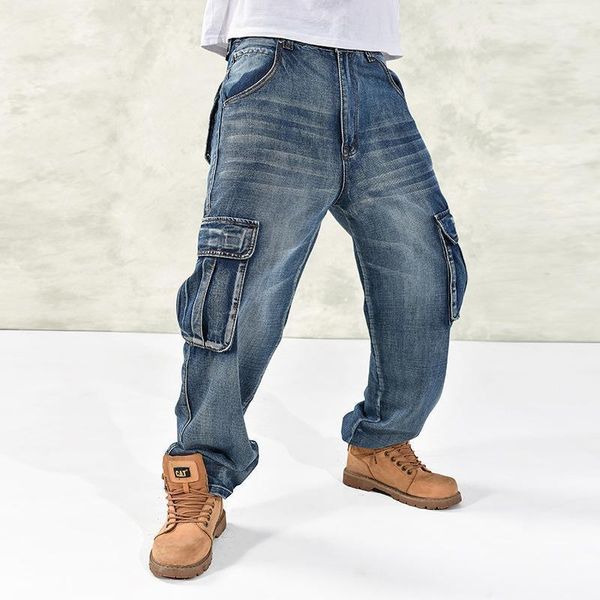 Calças de jeans masculinas Calças de carga casuais com multi bolsos soltos apaixonados hip hop denim calças para macho folgado mais tamanho 30-461
