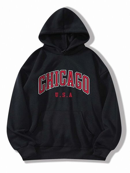 

letter graphic kangaroo pocket drawstring thermal sweatshirt n60n#, White;black