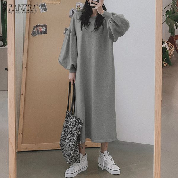 

zanzea vintage puff sleeve sweatshirt dress womens autumn sweatshirts solid split maxi vestidos female o neck robe plus size 7, Black;gray