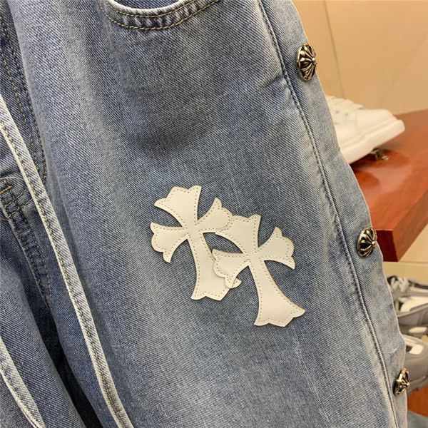 

men's 21 summer fashion crosin cross embroidered horseshoe slim little foot jeans casual pants, Blue