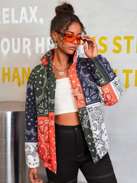 

paisley print colorblock puffer coat w4uz#, Black