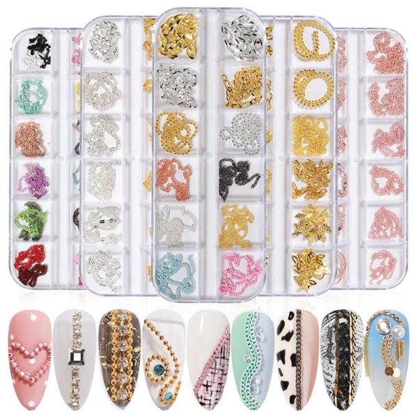 

nail art decorations 12 grid mixed style chain jewelry for diy decoration fashion metal nails accessories manicure design, Silver;gold