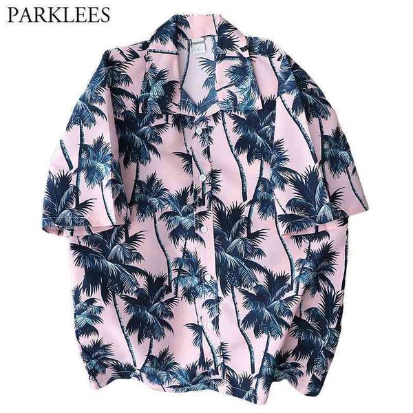 

palm tree printed pink hawaiian shirt men summer short sleeve 5xl tropical aloha shirts mens holiday vacation clothing 210522, White;black
