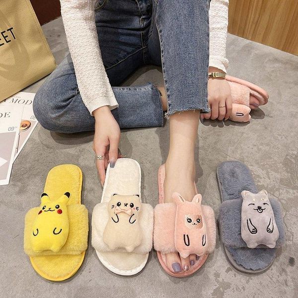 

slippers hairy shoes women's indoor cartoon 2021 autumn and winter home cotton drag cute girl heart one-word sandals, Black
