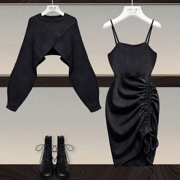 

casual dresses female solid color suits 2021 women spring fall two piece set long sleeve round -neck shorts and sleeveee dress, Black;gray