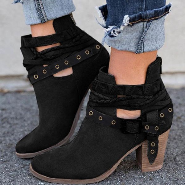 

boots women fashion party wedding rivet buckle heel autumn shoes ankle boot winter bota feminina, Black