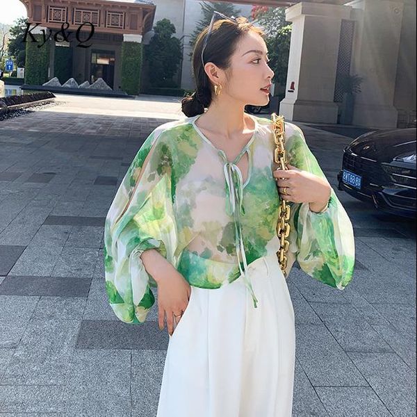 

women's swimwear luxury brand silk chiffon shirt female green ink painting lantern sleeve lace up sunscreen blouse woman summer 77u5, White;black