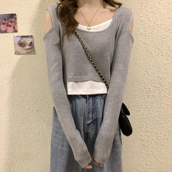 

women's t-shirt spring and autumn design sense fake two-piece off-shoulder long-sleeved bottoming shirt short clothes, White