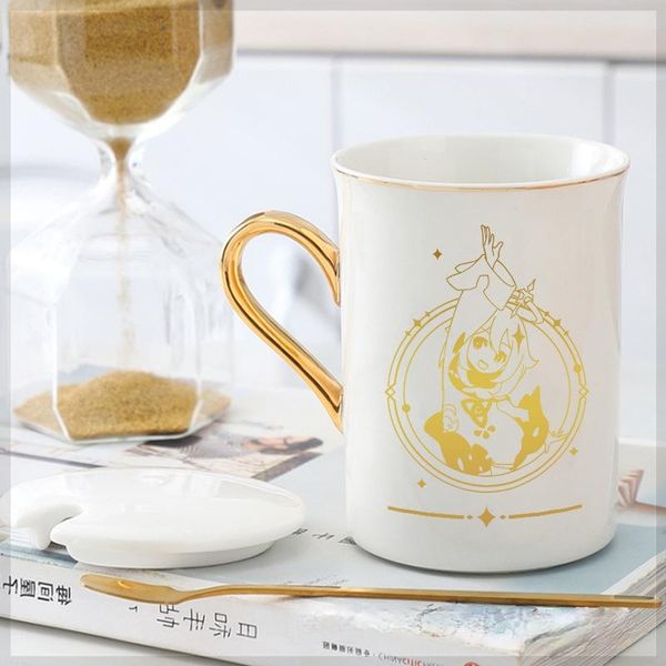 

mugs game genshin impact coffee ceramic mug travel cup with lid&spoon anime cosplay accessories cartoon children gift