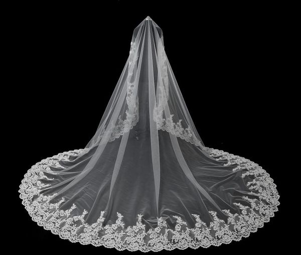 

bridal veils 2021 real po 5 meters cathedral length lace edge head veil with comb long wedding accessories in stock, Black