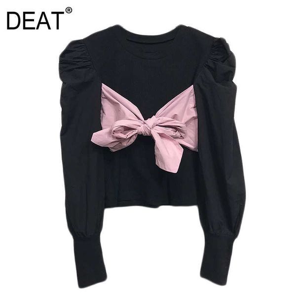 

[deat] spring fashion splicing long sleeve bow round neck knitting personality women's pullovers sweater 13c508 210527, White;black