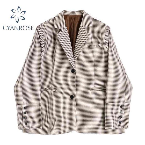 

plaid vintage blazer coat women notched collar single breasted loose pocket jacket mujer spring elegant ol korean outwear 210430, White;black