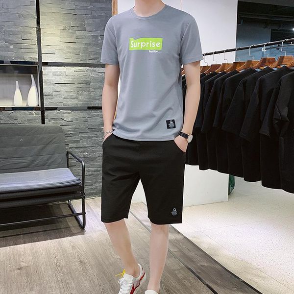 

men's tracksuits 2021 suits casual printed letter t shirt streetwear male brand clothes summer two piece tracksuit shorts set men sport, Gray