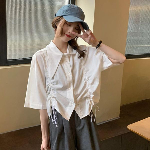 

women's t-shirt fashionable women korean retro loose side lapel cardigan sweater pleated adjustable shirt neckline top, White