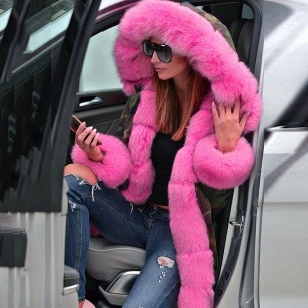

women's fur & faux womens faux-fur long outwear fleece shaggy winter thick warm jackets hooded coat overcoat plus size female 2021, Black