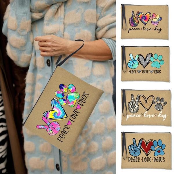 

cosmetic bags & cases peace love dog women linen clutch bag fashion zipper makeup pouch travel casual toiletries storage gift