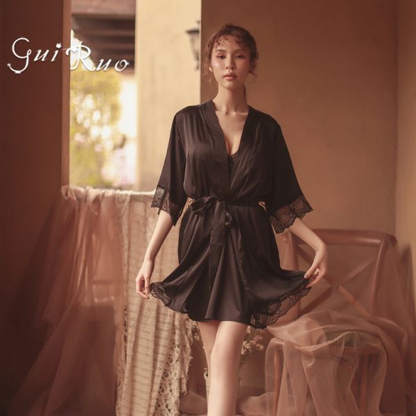 

long sleeved nightgown seduction lace underwear female 245#, Red;black