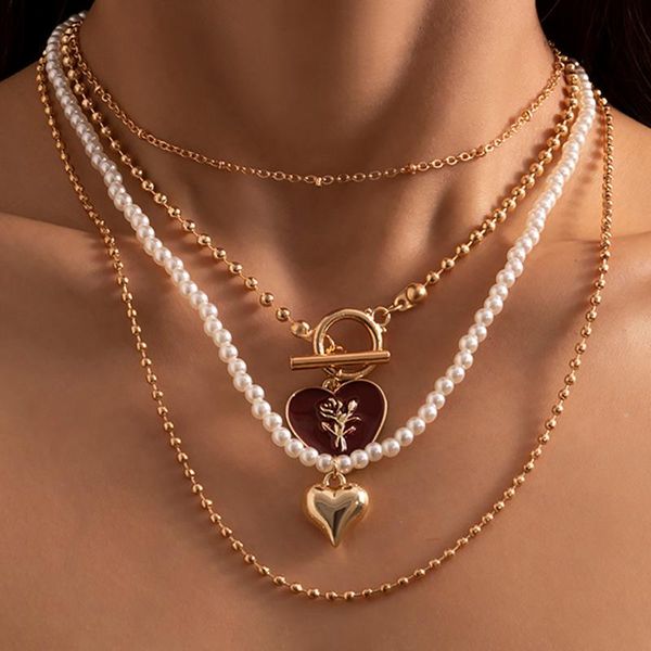 

pendant necklaces vintage rose heart multilayer imitation pearl choker necklace for women ot buckle mixed and stacked jewelry gifts, Silver