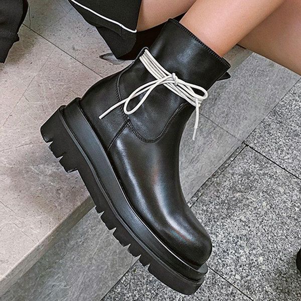

boots round toe motorcle for women genuine leather chunky high heels platform shoes woman office lady working ankle, Black