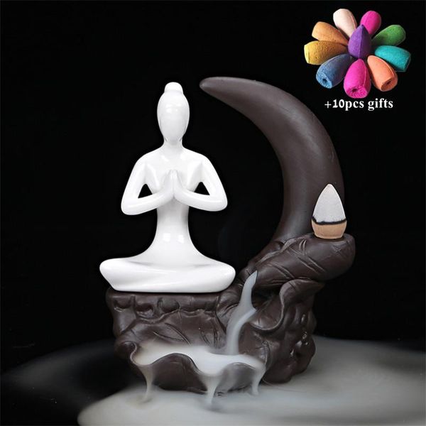 

fragrance lamps pond moonlight yoga girl backflow incense burner ceramic holder smoke waterfall aroma censer home decor + 10pcs cones