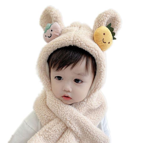 

caps & hats baby hat for children kids girl boy winter warm earmuffs one-piece lamb velvet cartoon fruit cap child, Yellow