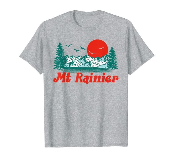 

retro mt rainier mountain trees sun scene graphic t-shirt, White;black